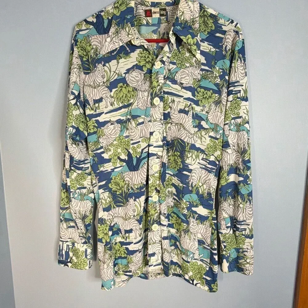Vintage Chess King Button Down Dress Shirt Zebras Greenery Lg Nylon